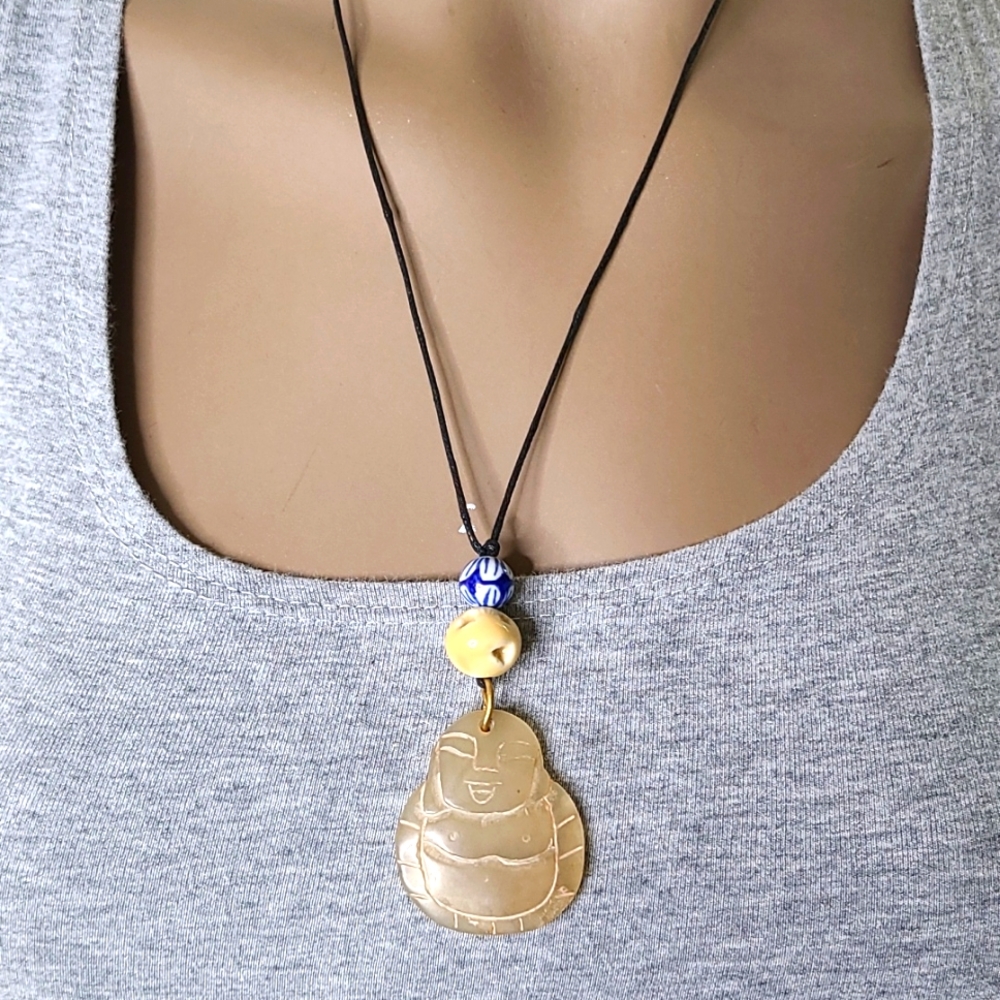 Lucky Buddha Pendant Necklace Handmade Unique Unisex Gift Jade Jadeite Asian Art
